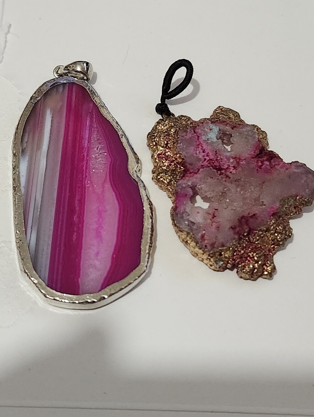 Dyed Pink Agate Slice Pendant and Dyed Pink Geode Section w/Gold Trim Pendant